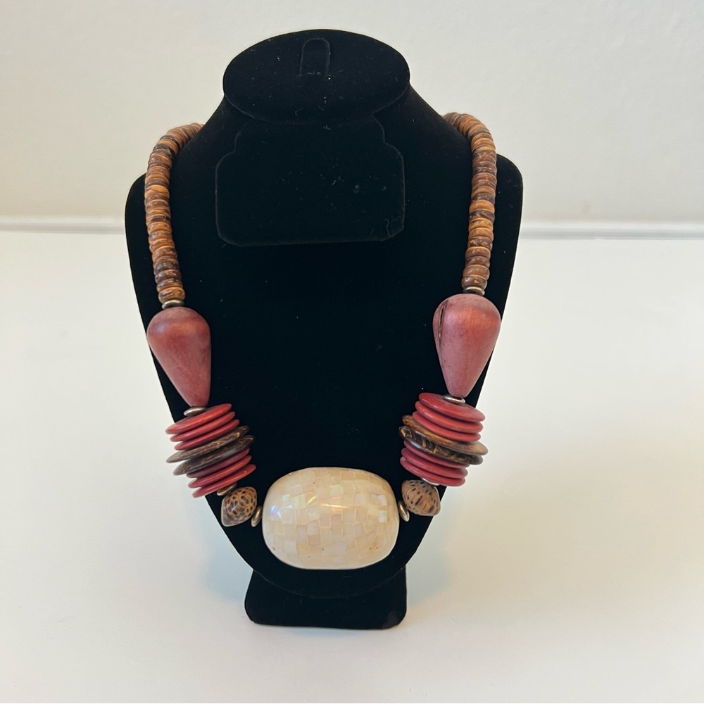 Vintage Wood Beaded Necklace w/ Mother of Pearl Mosaic - Picture 2 of 7